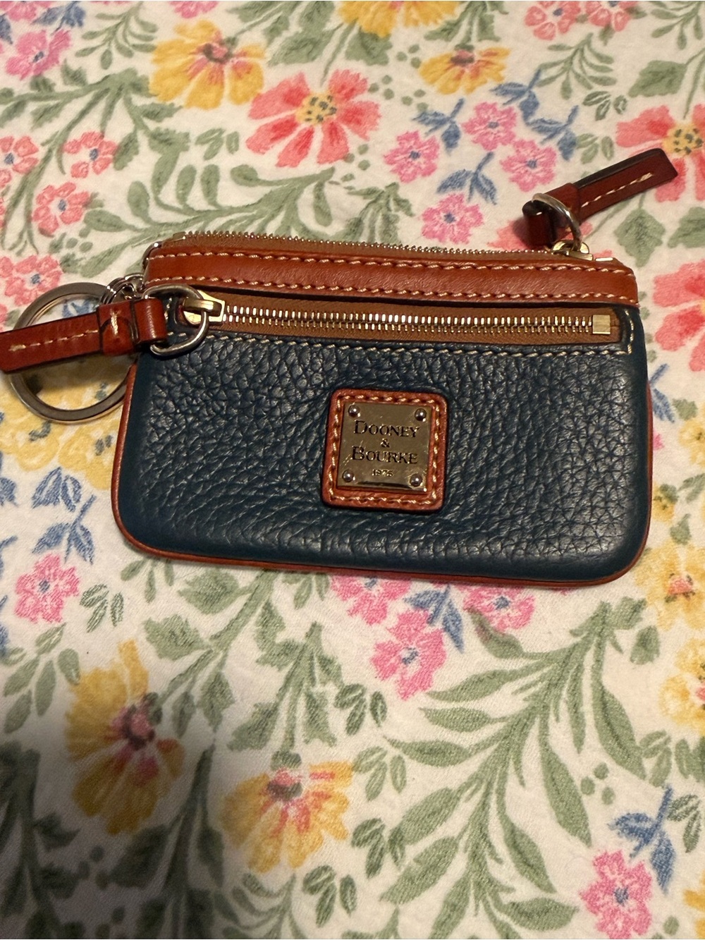 Dooney & Bourke Navy Pebbled Leather Key Wristlet with Brown Trim